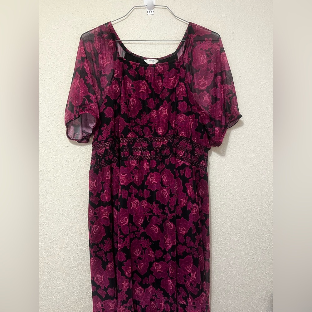 Terra & Sky Black and Pink Floral Midi Dress